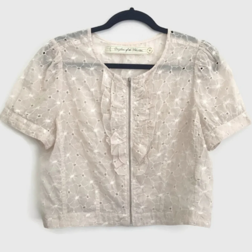 Anthropologie Cream Eyelet Ruffle Zip-Front Blouse